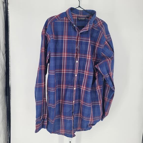 Roundtree & Yorke Mens Sz XLT Long Sleeve Button Up Plaid Shirt Blue Red - Picture 1 of 5